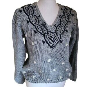 vintage hand knit sweater v-neck blue womens size S